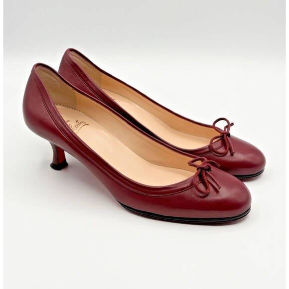Christian Louboutin Red/Burgundy Ballet Style Kitten Heels Bow Accent Sz EU 37 7 - Picture 1 of 14